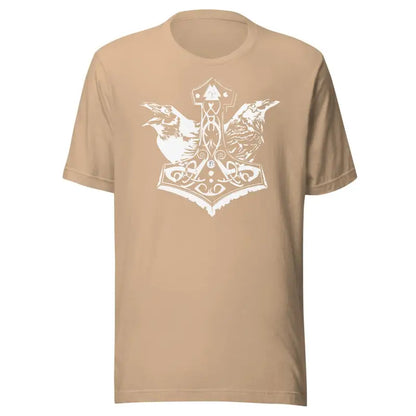 Tan t-shirt featuring white Mjölnir design with ravens, perfect for expressing heathen pride