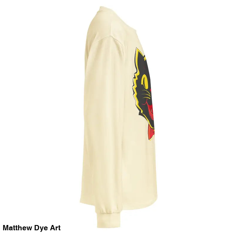 Cream-colored long sleeve shirt featuring black cat graphic from Hexed and Handsome vintage cat unisex collection