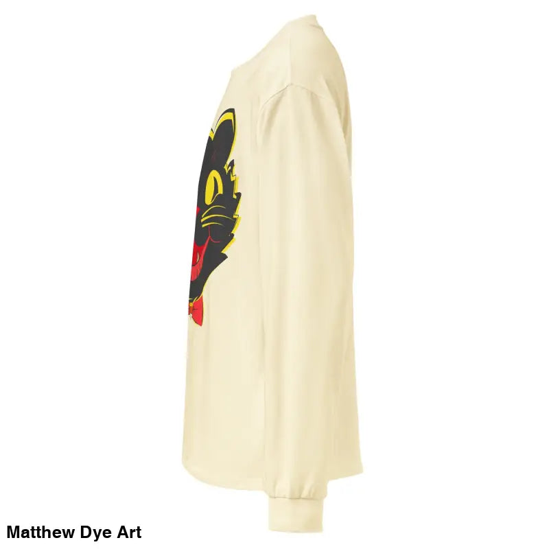 Cream-colored long sleeve shirt featuring a vintage cat graphic for unisex wear