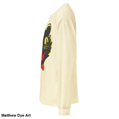 Cream-colored long sleeve shirt featuring a vintage cat graphic for unisex wear