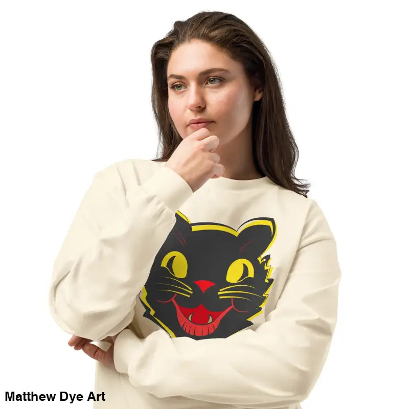 Cream-colored vintage cat unisex long sleeve shirt featuring a black cat graphic