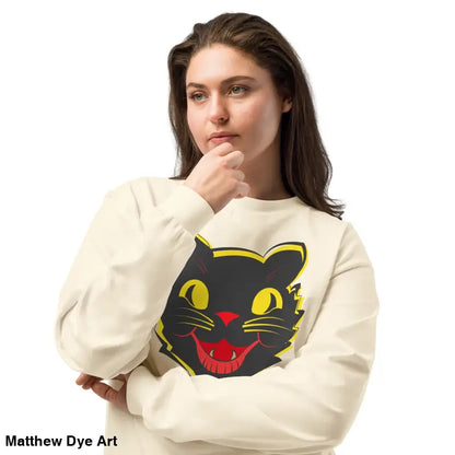 Cream-colored vintage cat unisex long sleeve shirt featuring a black cat graphic