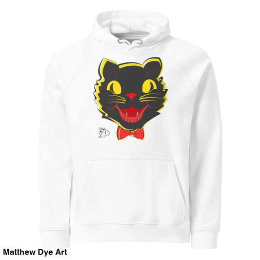 Vintage Black Cat Unisex Eco Halloween Cotton Hoodie featuring a black cat face and bow tie