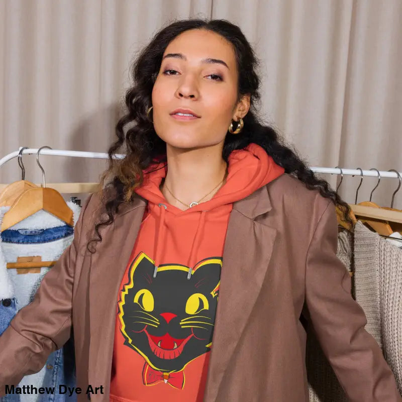 Woman models Vintage Halloween Cat Hoodie, showcasing a unisex eco-friendly design