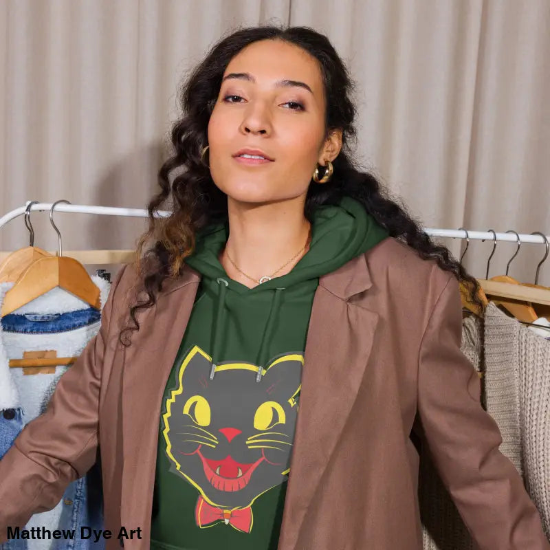 Woman in a vintage black cat hoodie and blazer, showcasing soft and comfort warmth for autumn