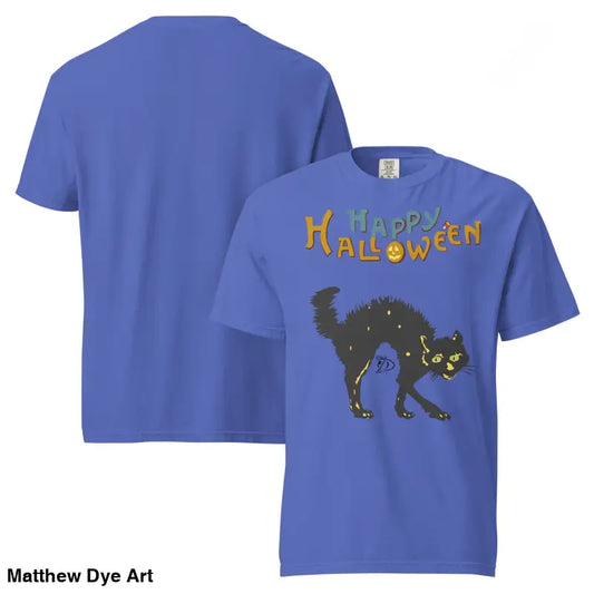 Blue Halloween essential vintage unisex t-shirt featuring a happy Halloween spooky cat design
