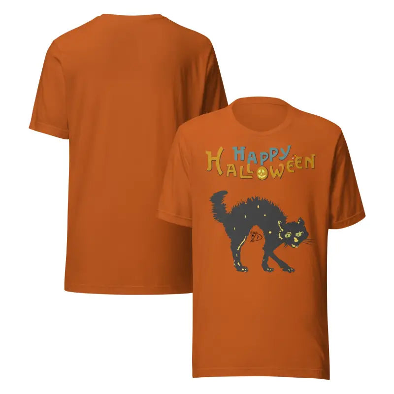 Orange Halloween unisex t-shirt featuring a scary cat design for whimsical dreams