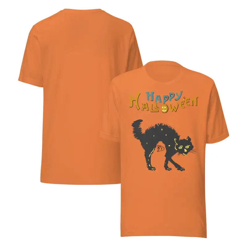 Orange Halloween unisex t-shirt featuring a scary cat design for whimsical dreams
