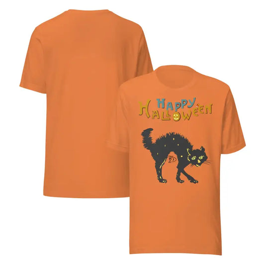 Orange Halloween unisex t-shirt featuring a scary cat design for whimsical dreams
