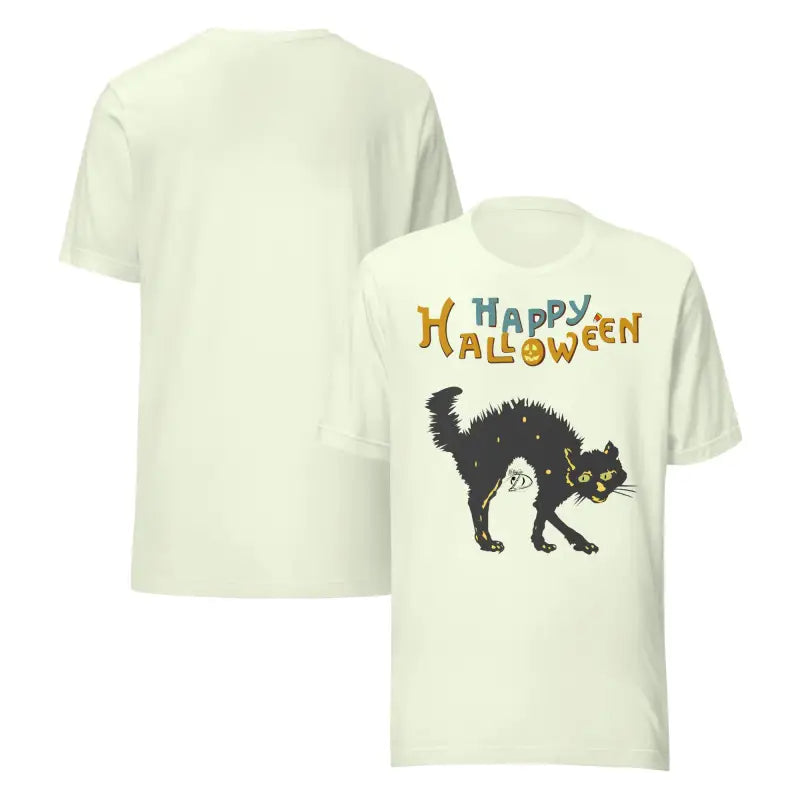 Halloween unisex t-shirt featuring a scary cat design titled Hissing with Style