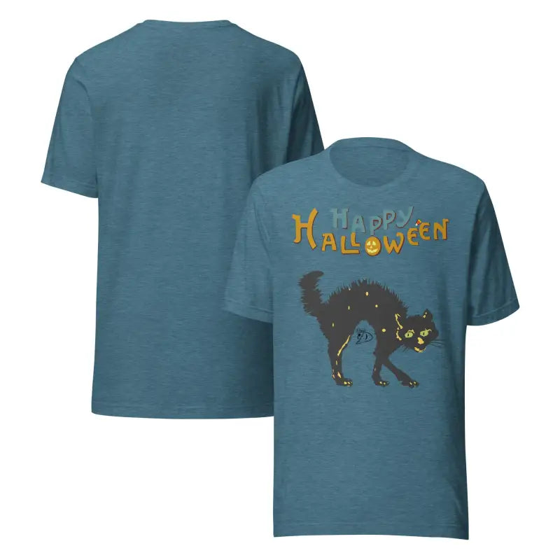 Blue Halloween unisex t-shirt featuring a scary cat design for whimsical dreams