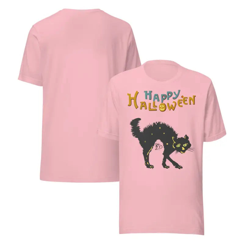 Pink Halloween Unisex T-shirt featuring a whimsical Scary Cat design for festive celebrations