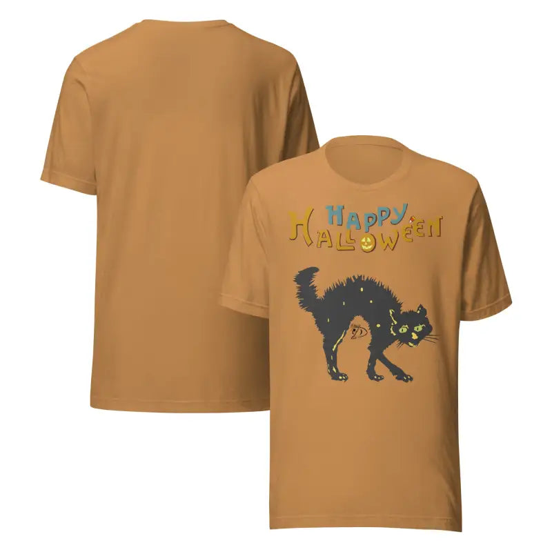 Caramel-colored Halloween unisex t-shirt featuring a scary cat design for whimsical dreams