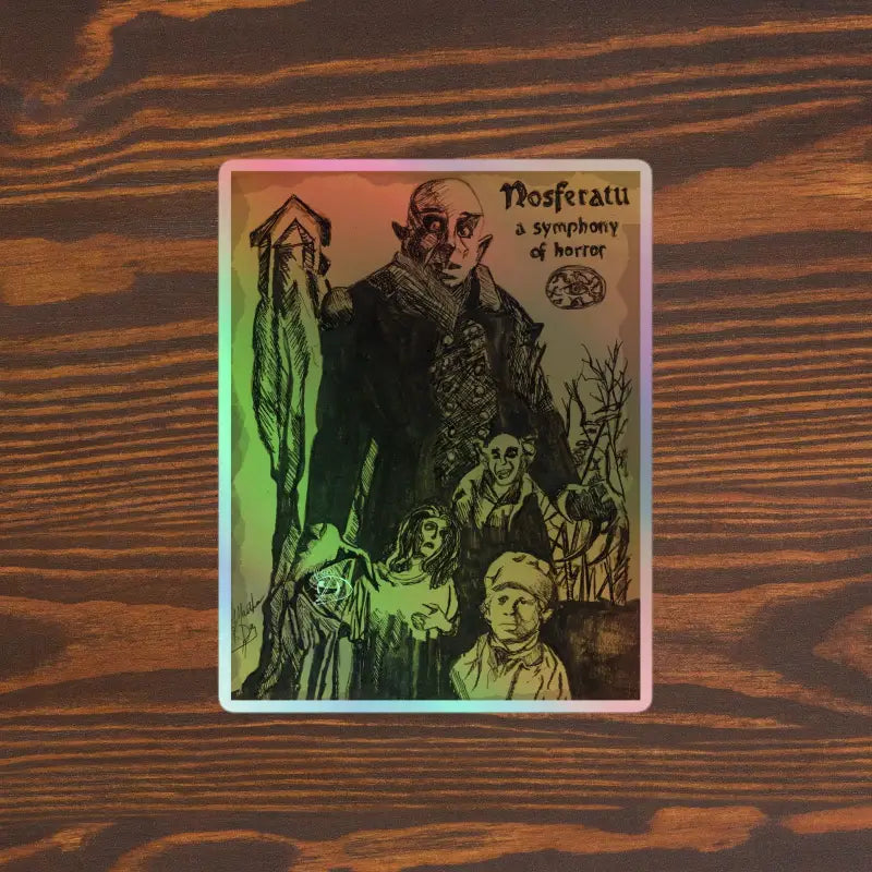 Holographic sticker showcasing Nosferatu artwork, capturing horror’s enigmatic essence