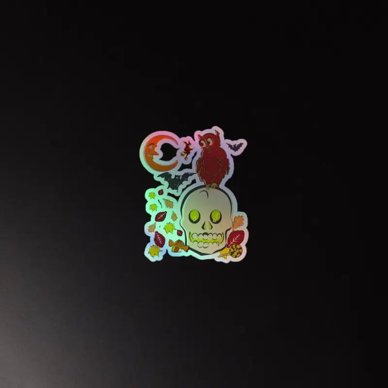 Holographic sticker showcasing a skull with bear and donut design for Haunted Harvest charm