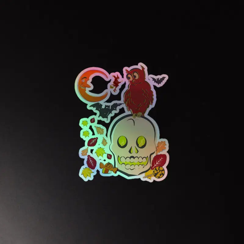 Holographic sticker showcasing skull, owl, and autumn leaves for Haunted Harvest theme