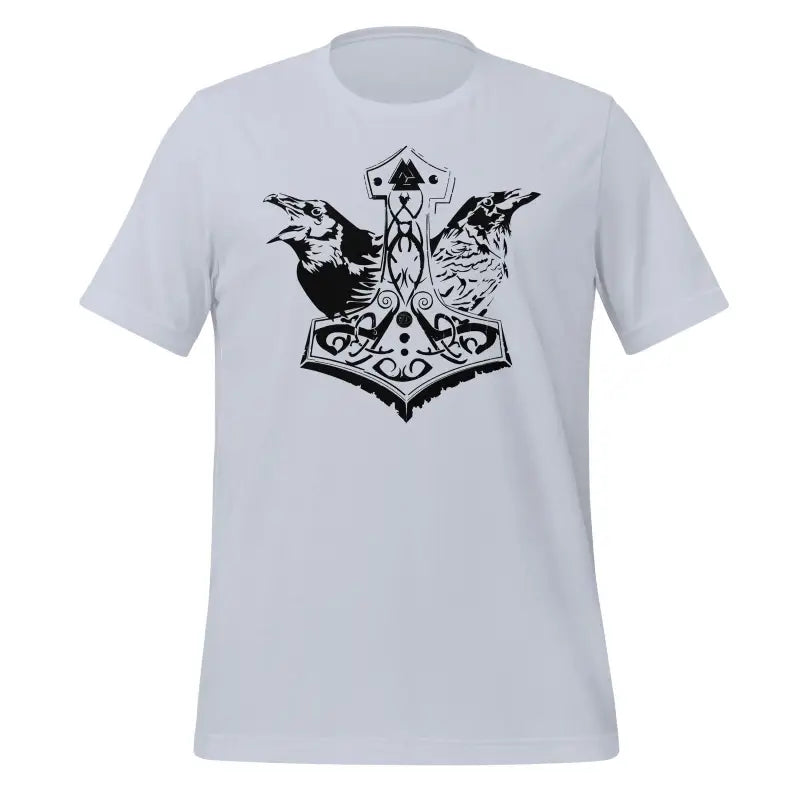 Light gray cotton jersey ravens t-shirt with black Mjölnir design honoring ancestors