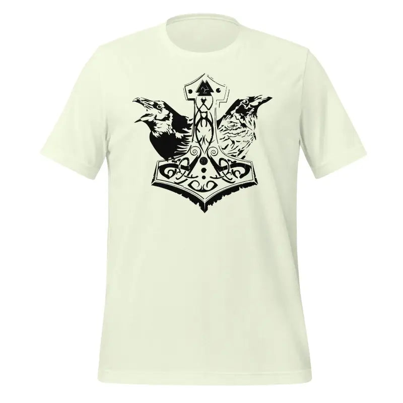 White cotton jersey t-shirt with black Norse Thor’s hammer and ravens design honoring ancestors