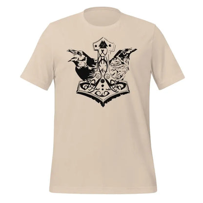 Beige Cotton Jersey Ravens T-Shirt with Norse Thor’s Hammer and Ancestors Black Design