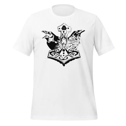 White cotton jersey ravens t-shirt featuring black Norse Mjölnir design honoring ancestors