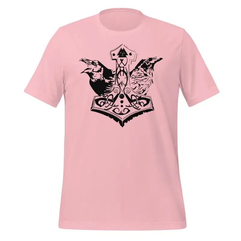 Pink cotton jersey Ravens T-shirt featuring Norse-style Mjölnir design honoring ancestors