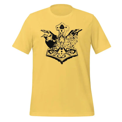 Yellow cotton jersey Ravens T-shirt featuring black Norse Mjölnir design honoring ancestors