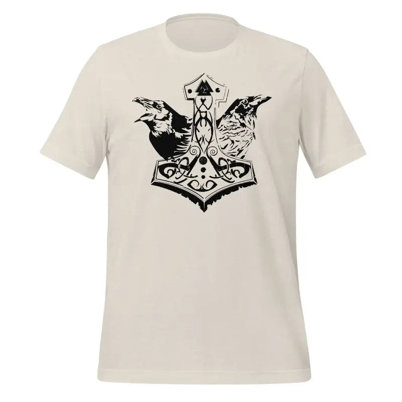 Light-colored cotton jersey ravens t-shirt with black Norse Thor’s hammer design