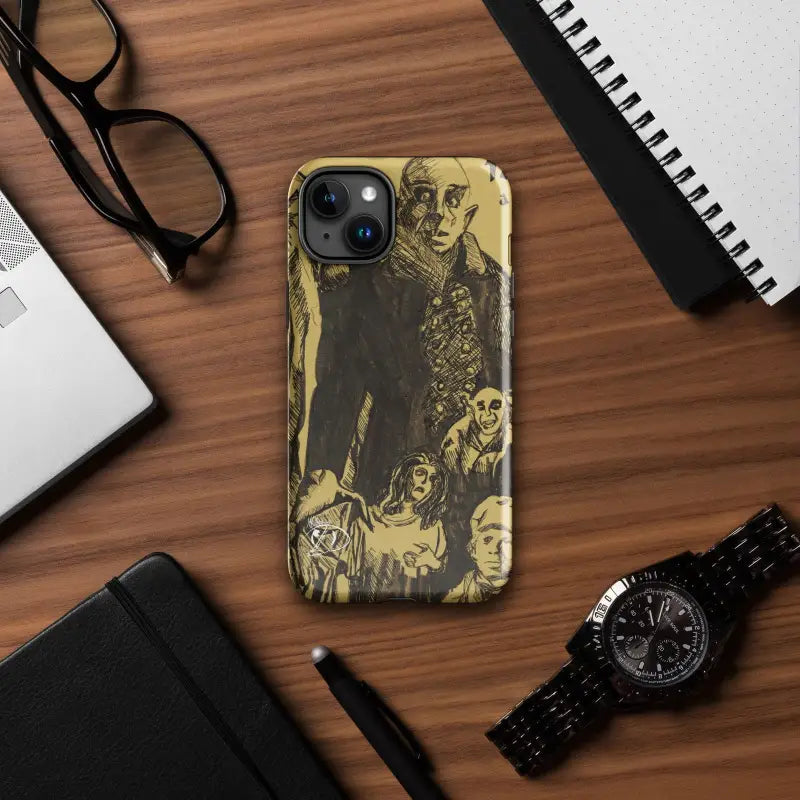 Artistic yellow and black iPhone case featuring figures in a Gothic tough design for horror lovers