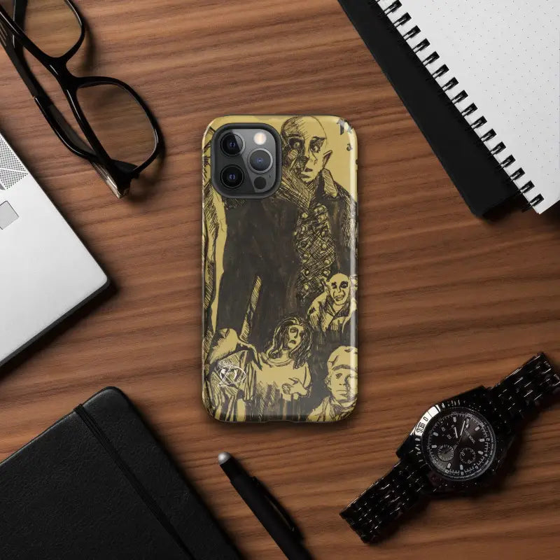 Horror-themed tough case showcasing artistic yellow and black skeletal design