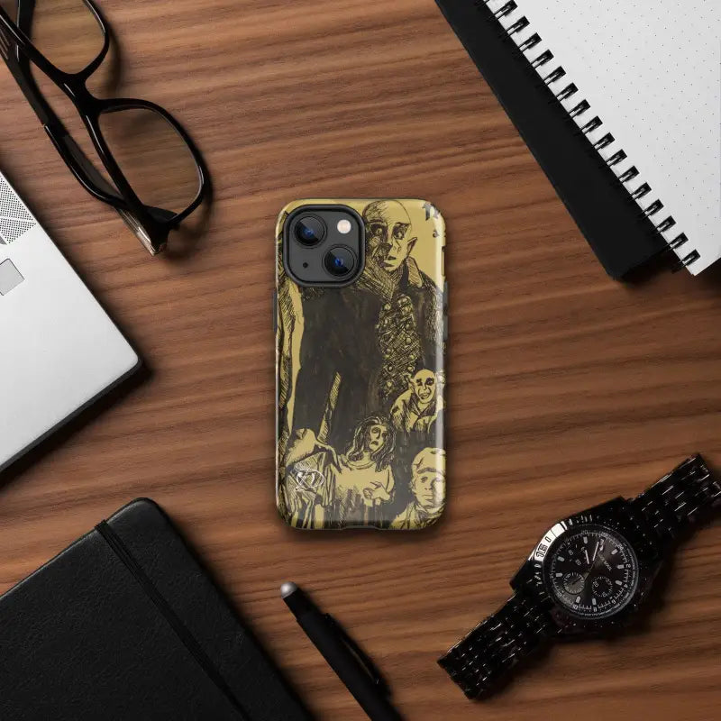 Artistic yellow and black iPhone tough case featuring horror-inspired sketched figures