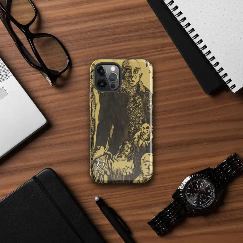 IPhone case featuring gold and black skeleton design, perfect for horror enthusiasts