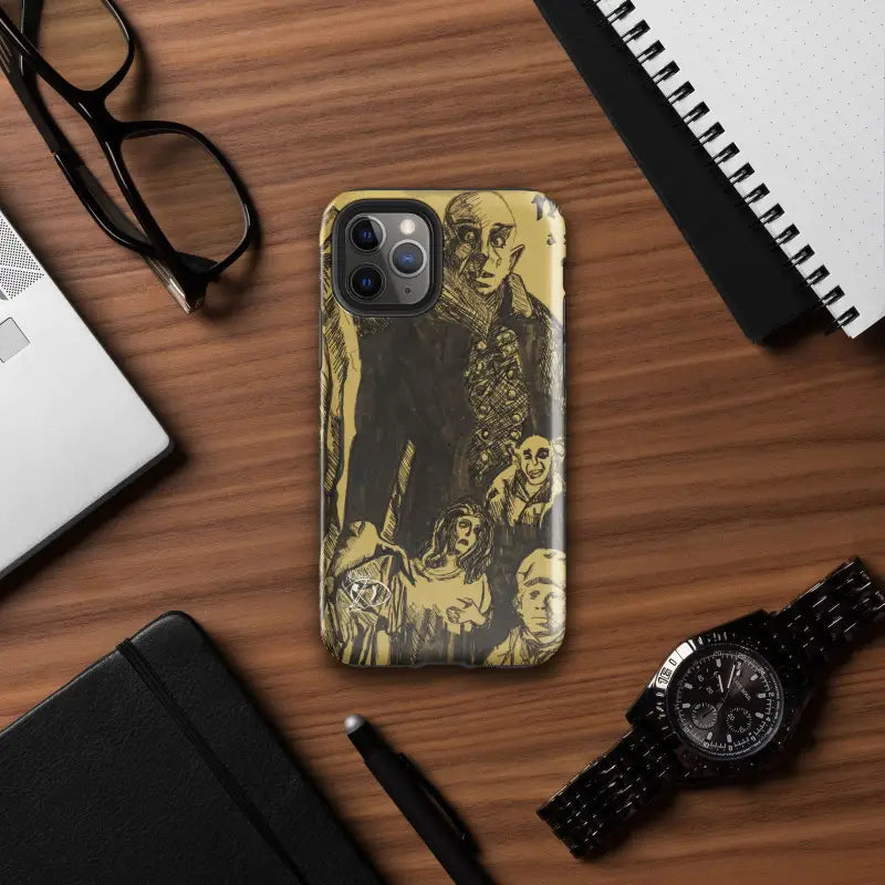 Vintage iPhone case with skulls design in gold tones, inspired by Nosferatu horror aesthetic