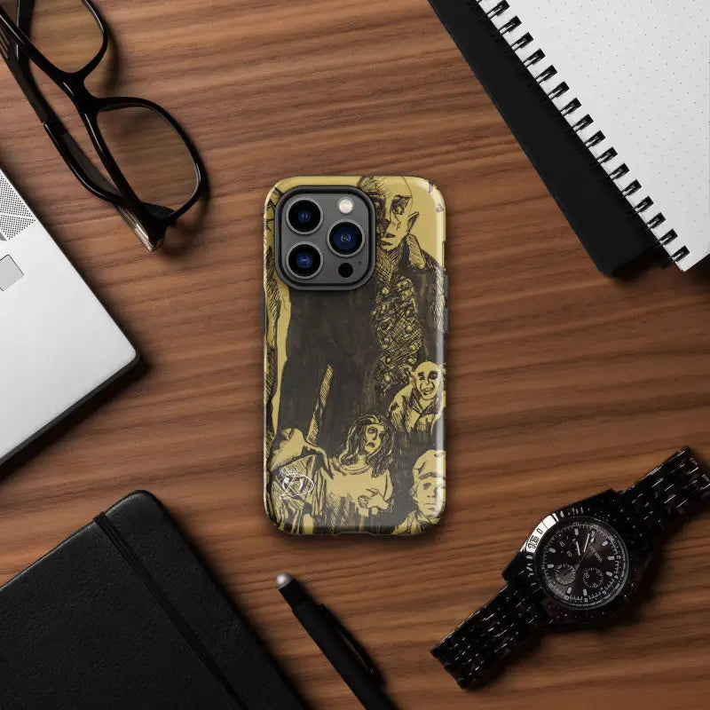 IPhone case featuring a dark gold design, part of the Horror Unveiled tough case collection