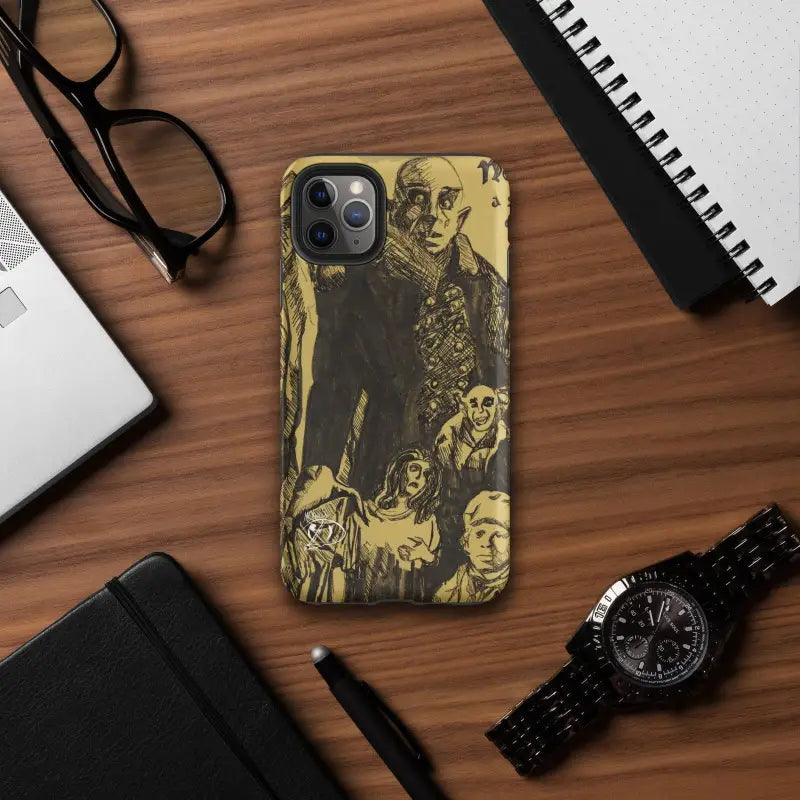 Vintage-style iPhone case in dark tones featuring Gothic illustration inspired by horror