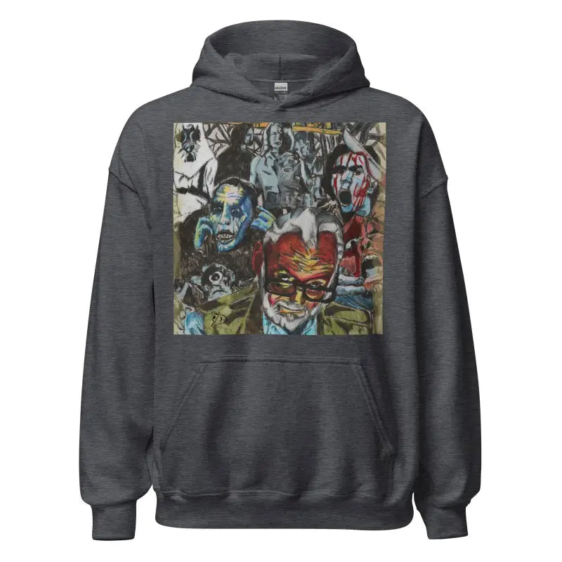 Dark gray Romero Tribute Hoodie showcasing abstract artistic graphics on the chest