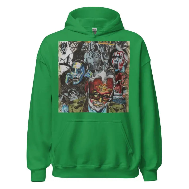 Green hoodie sweatshirt featuring abstract art, perfect for the Romero Tribute Hoodie