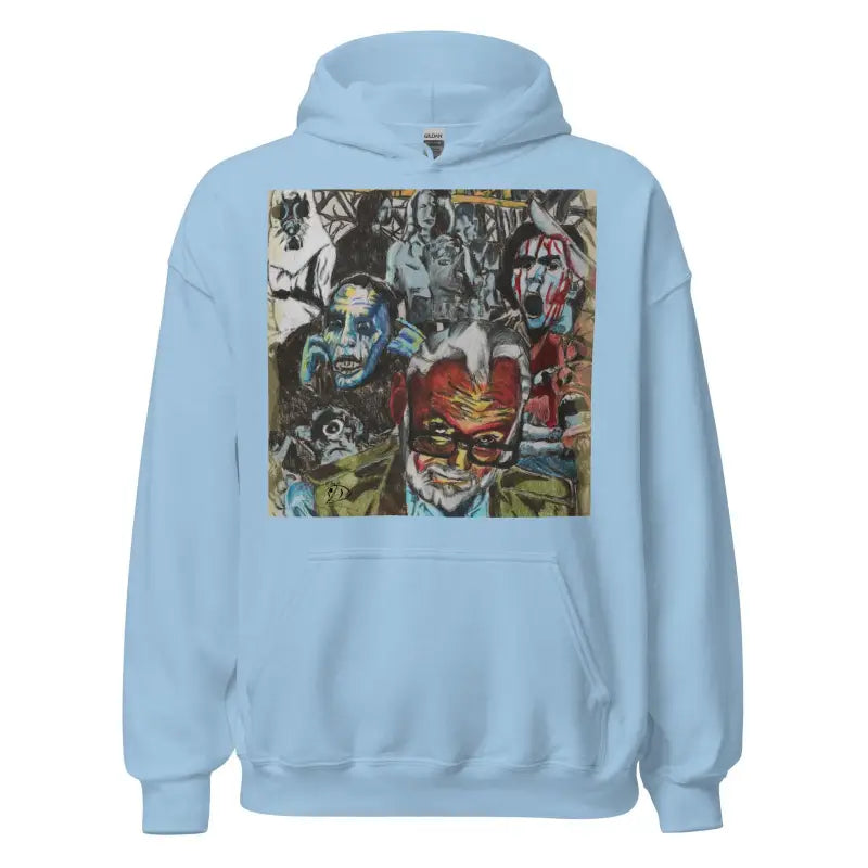 Light blue Romero Tribute Hoodie with abstract collage print for artistic style