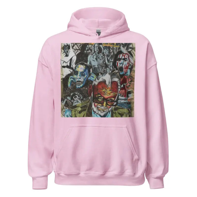 Pink Romero Tribute Hoodie featuring an abstract graphic print in black, blue, and red