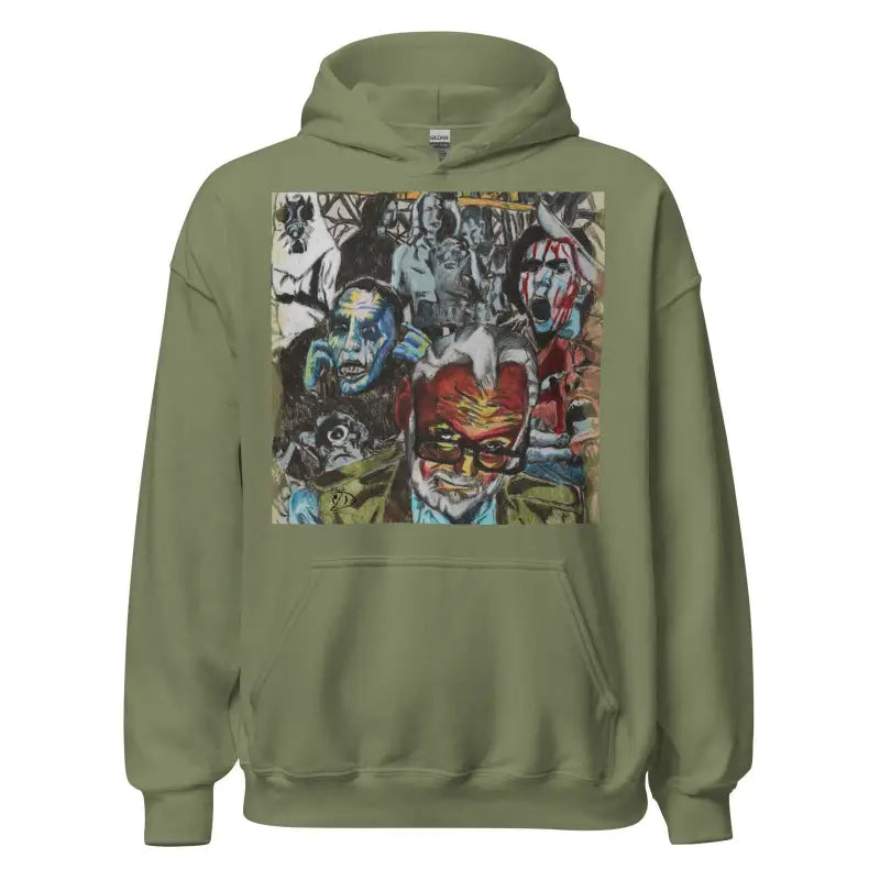 Olive green Romero Tribute Hoodie featuring a vibrant collage-style graphic print