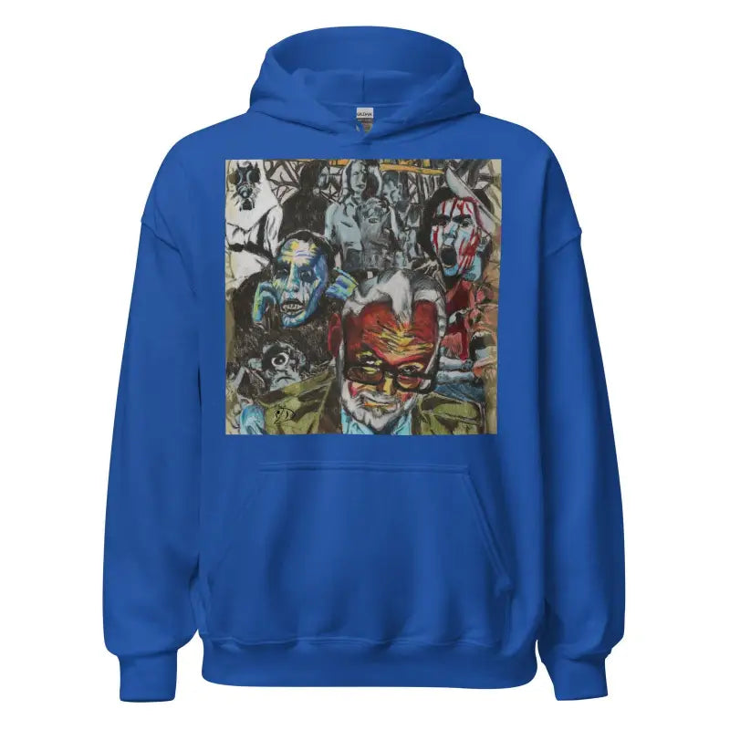 Royal blue Romero Tribute Hoodie with abstract graffiti-style artwork on front