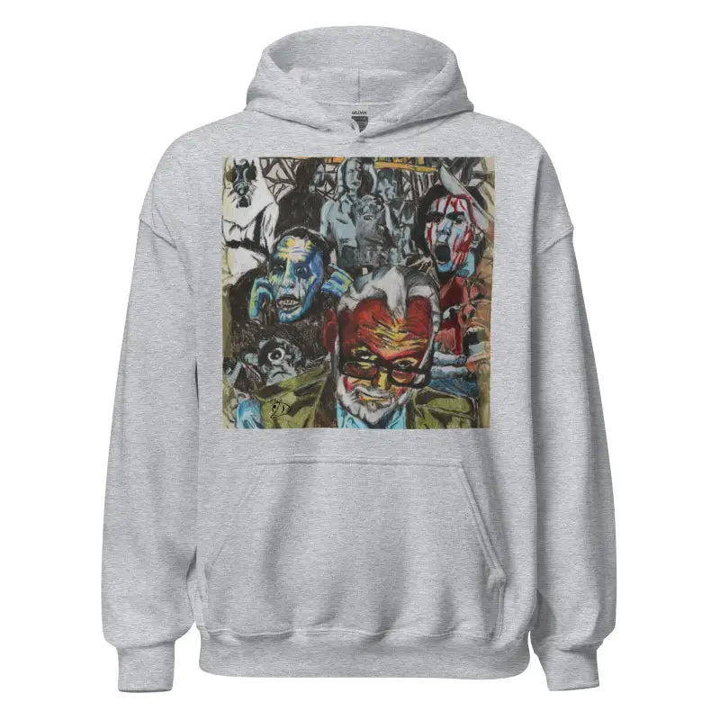 Grey hooded sweatshirt with colorful collage, perfect for the Romero Tribute Hoodie