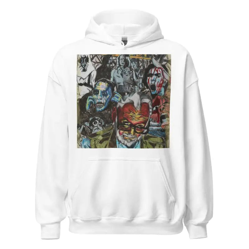 White Romero Tribute Hoodie featuring colorful abstract art print on front