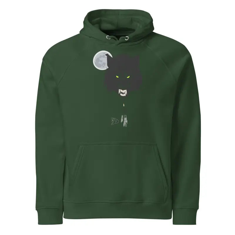 Green hoodie featuring a werewolf graphic with glowing green eyes, eco-friendly design