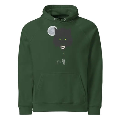 Green hoodie featuring a werewolf graphic with glowing green eyes, eco-friendly design