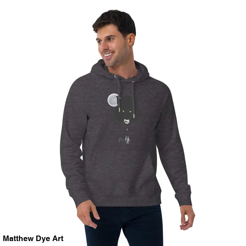 Gray Raglan Hoodie featuring a Werewolf graphic with glowing green eyes for eco-conscious consumers