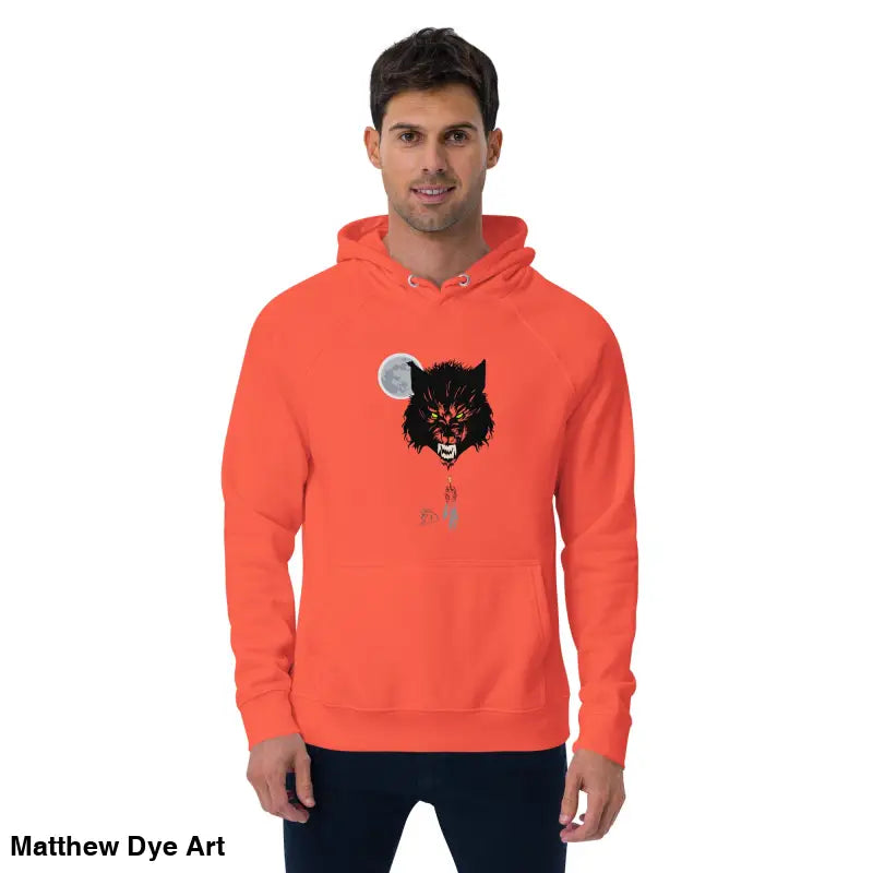 Orange raglan hoodie featuring a werewolf graphic with glowing green eyes