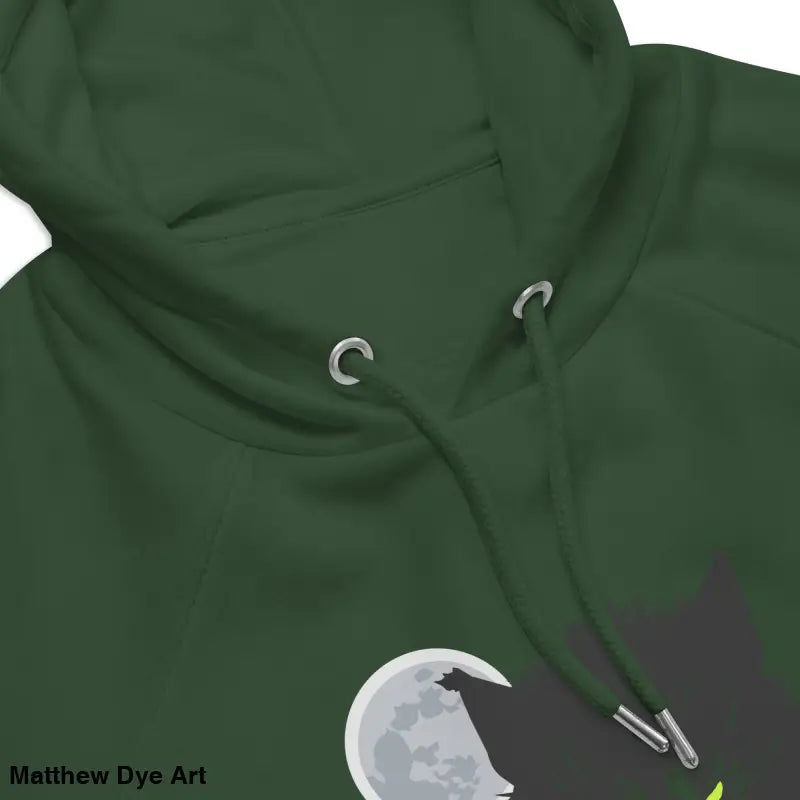 Eco-friendly green hooded sweatshirt featuring glowing green eyes and gothic werewolf art