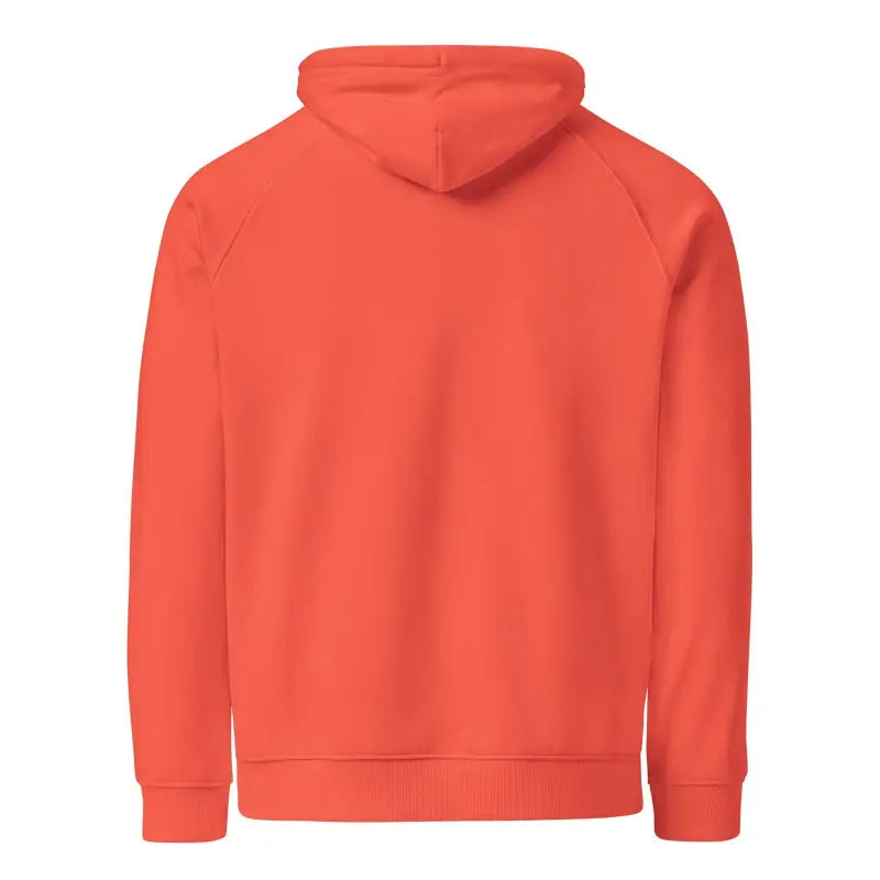 Coral-colored unisex eco raglan hoodie displayed from the back for casual elegance