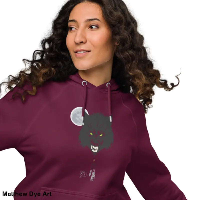 Maroon raglan hoodie featuring a werewolf with glowing green eyes, perfect for gothic fashion