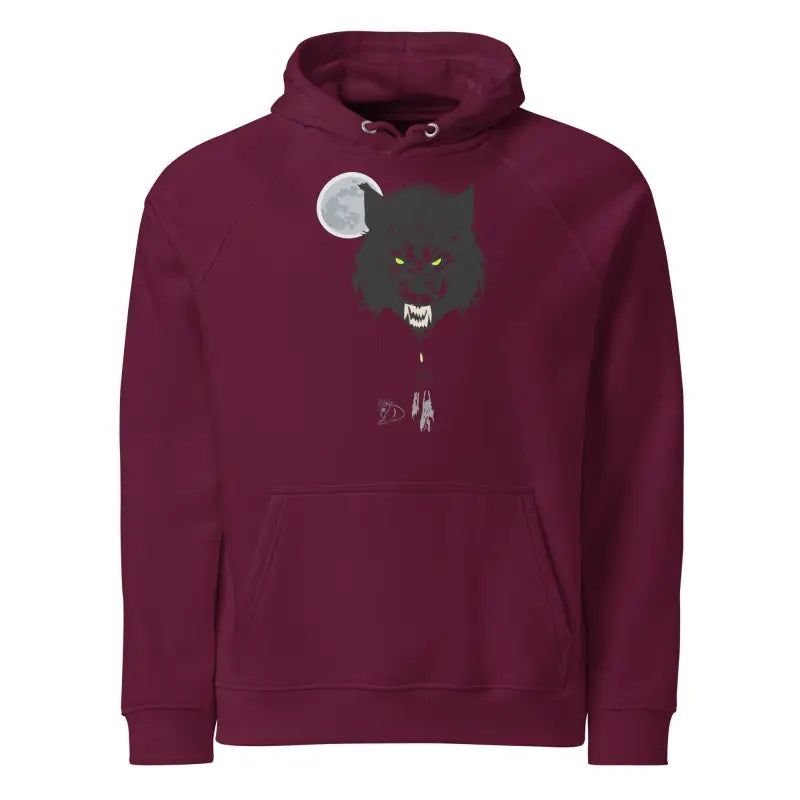 Maroon raglan hoodie featuring werewolf graphic with glowing green eyes and candlelit hands
